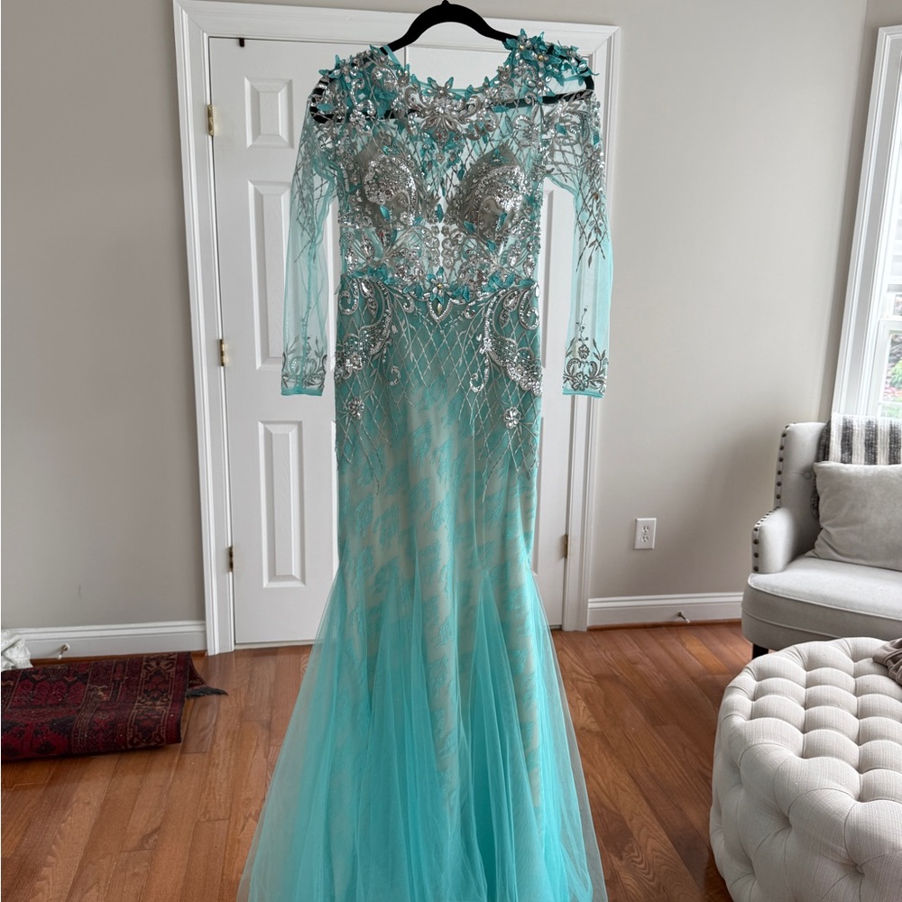 Couture Elegant Aqua and Silver Gown